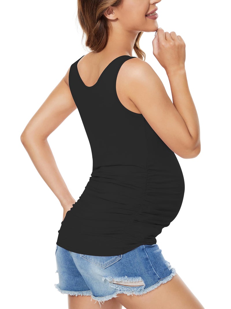 Ecavus 3PCS Womens Layering Maternity Tank Top Pregnancy Shirt Scoop Neck Sleeveless Ruched Vest (M, Black/Dark Grey/Hunterbr) - Image 4